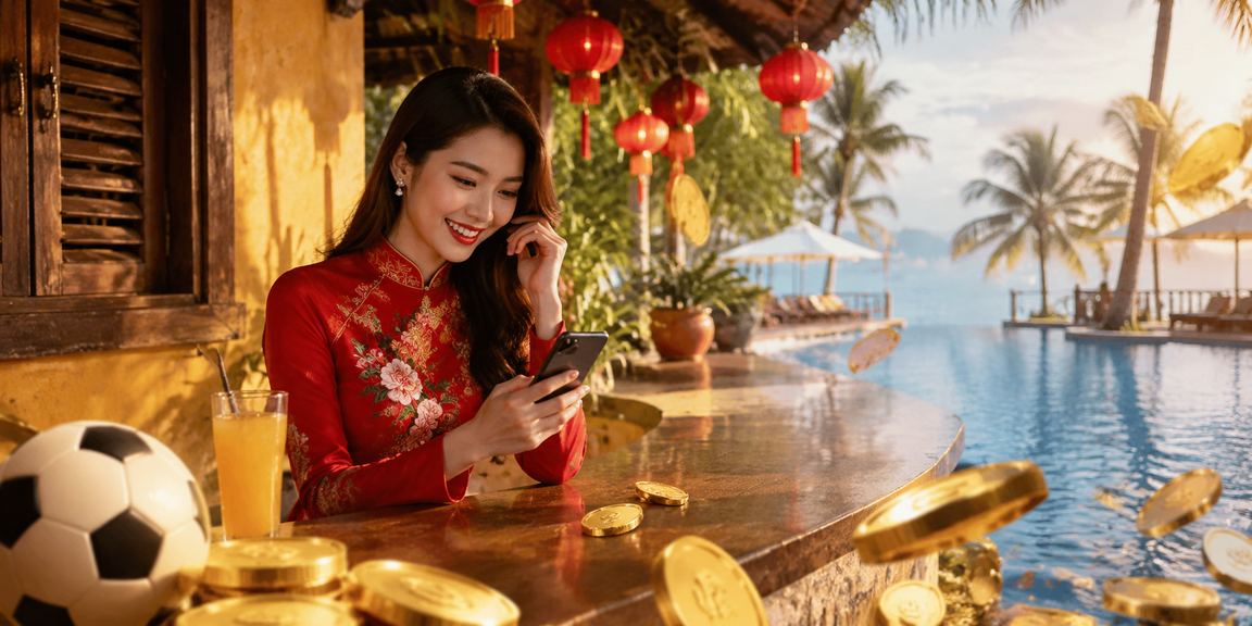 Người phụ nữ mặc áo dài Hội An đang chơi bài tại bàn high roller trang nhã